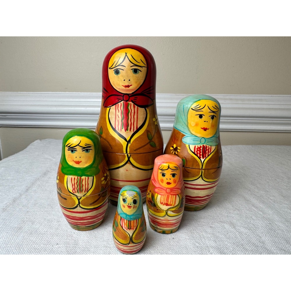 Vintage Russian Matryoshka Nesting Dolls Set of 5 Hand Painted Wood Babushka 6in